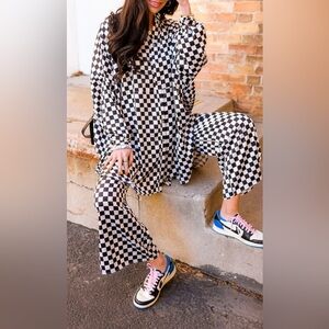 Dressed in Lala oversized satin effect checkered button down top